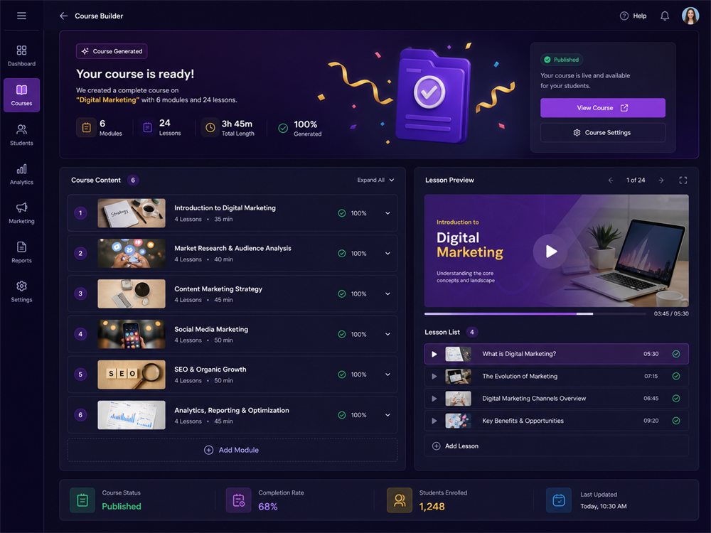Complete AI-generated course dashboard