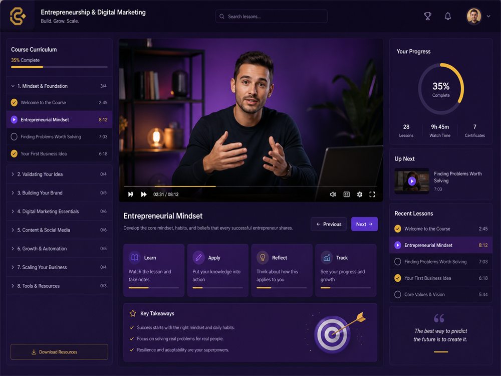 Entrepreneurship and digital marketing course player